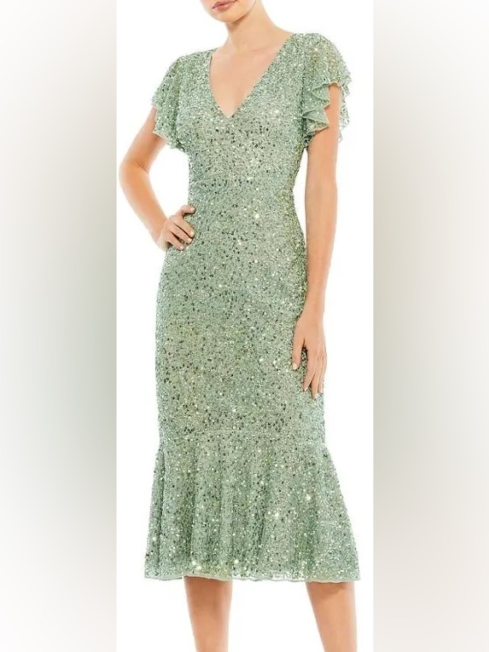 Mac Duggal 10801 Sage Sequin Ruffle Sleeve Mermaid Gown Sz 4 NWT